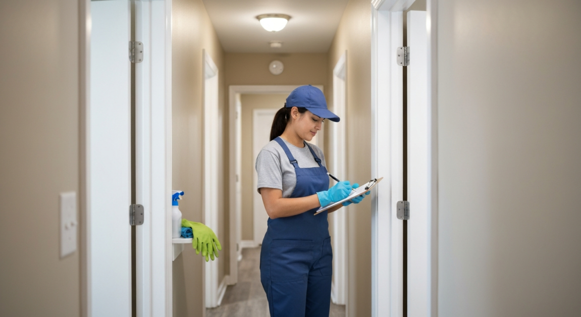 Orlando apartment scene with a cleaning professional checking a to-do list, illustrating the protection bonds offer against theft.
