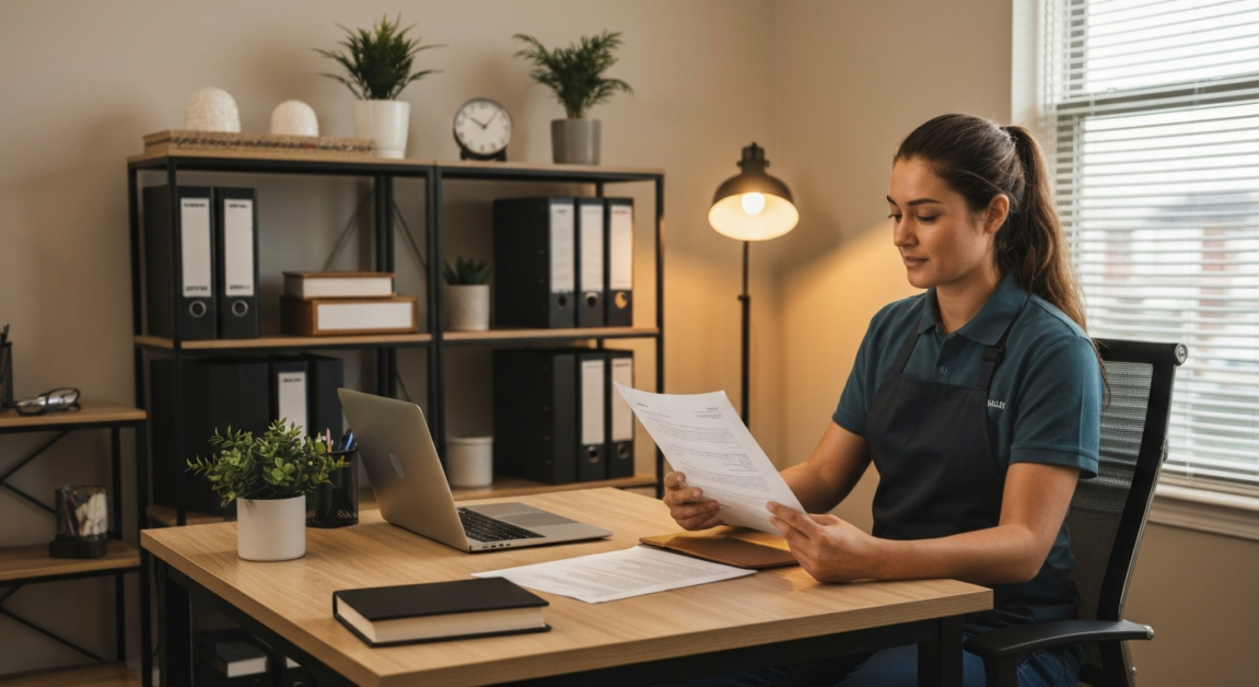 Professional cleaner in an Orlando home office reviewing insurance and bonding documents, emphasizing liability protection.