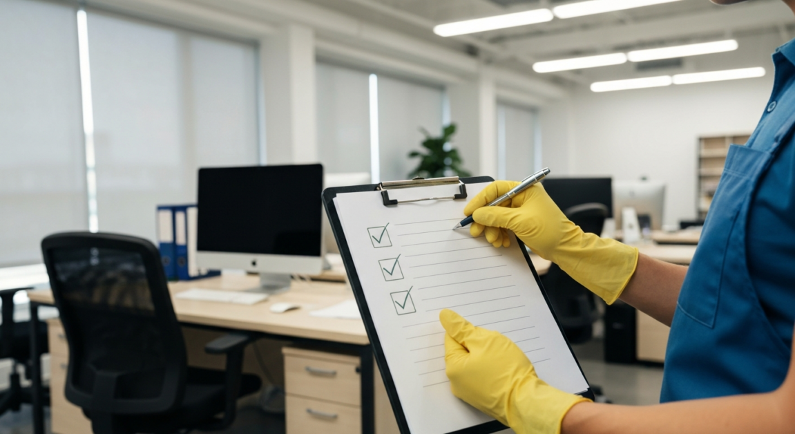 Office cleaner using a checklist for consistent cleaning standards.