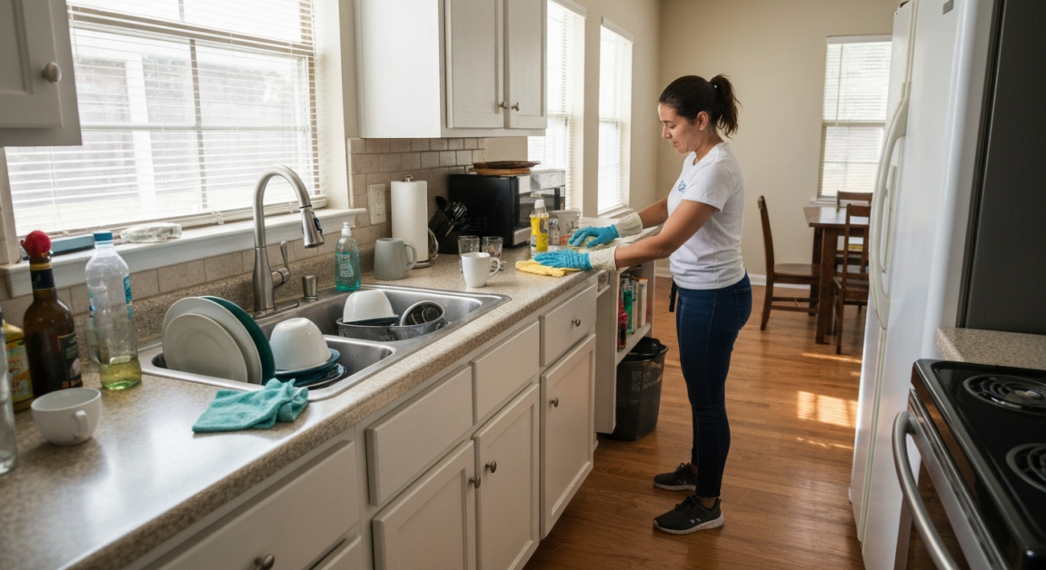 Professional cleaner in Orlando kitchen showing how clutter can extend cleaning time