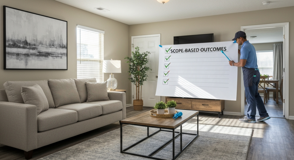 Orlando cleaner using a checklist for scope-based cleaning, showing clear task outcomes