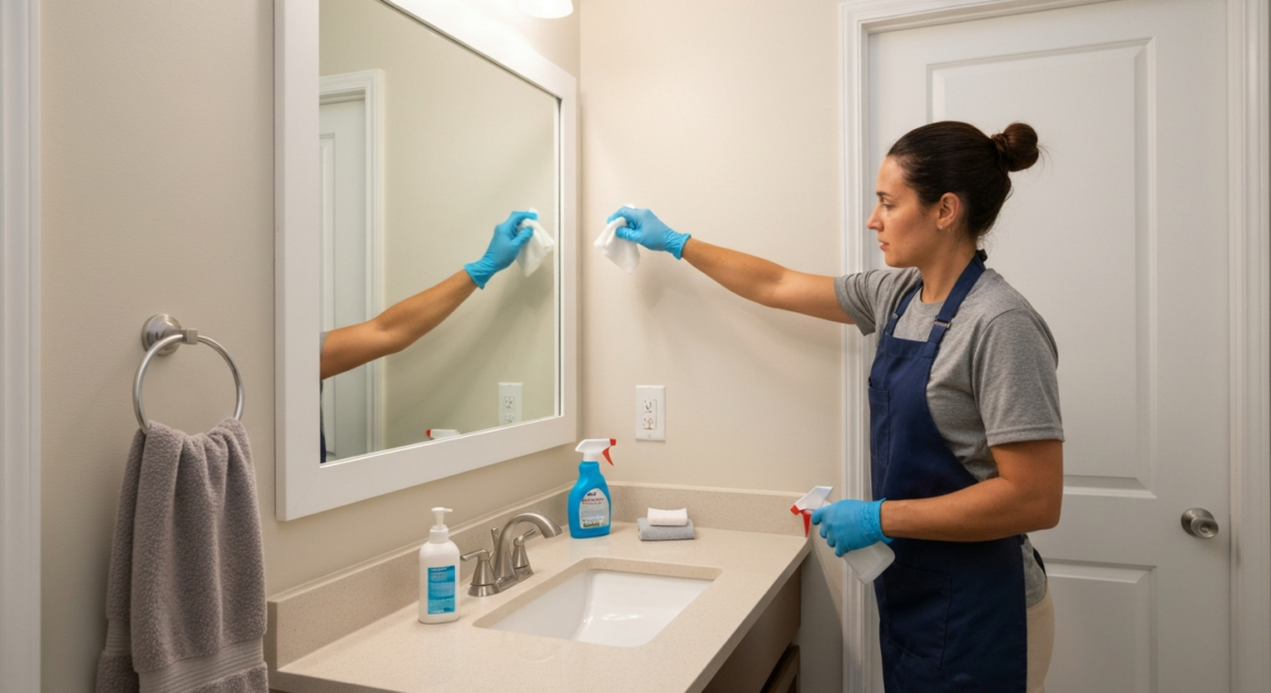 Cleaner maintaining hygiene with safe cleaning products in an Orlando bathroom