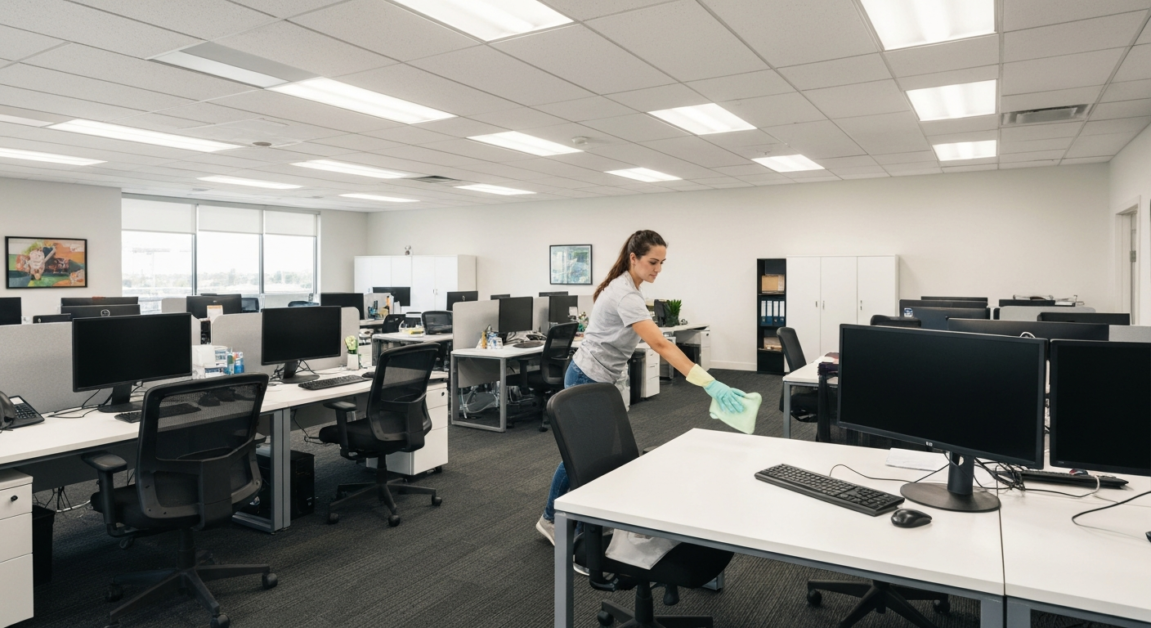 Professional cleaner maintaining a clean Orlando office by dusting surfaces, demonstrating routine cleaning for better air quality.