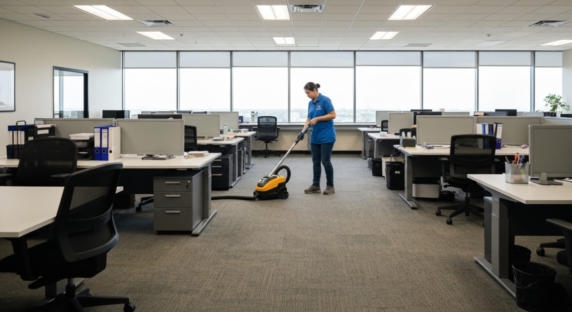 Office in Orlando undergoing deep cleaning with a cleaner vacuuming under desks for superior cleanliness.