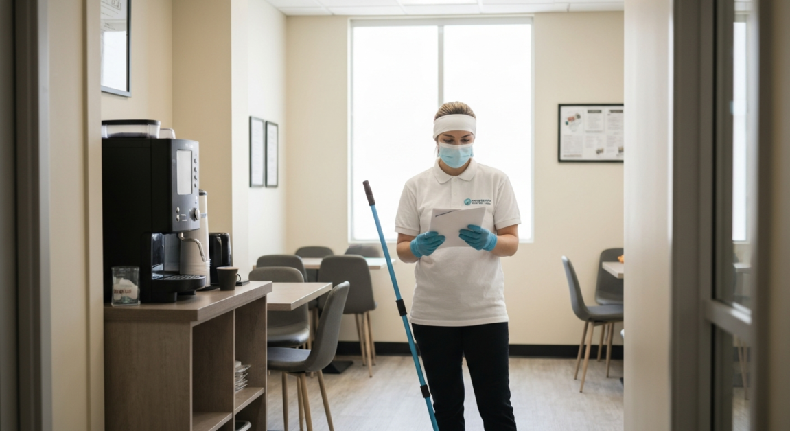A professional cleaner reviews a checklist in an Orlando breakroom while maintaining clean commercial workspace.
