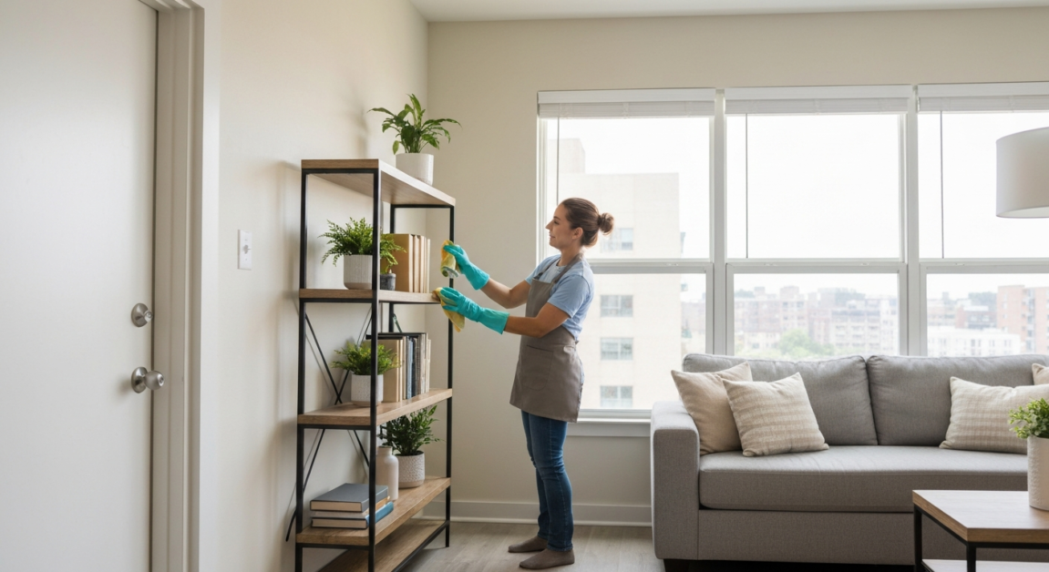 Professional cleaner dusting a bookshelf in an Orlando apartment, demonstrating flexible cleaning schedules.