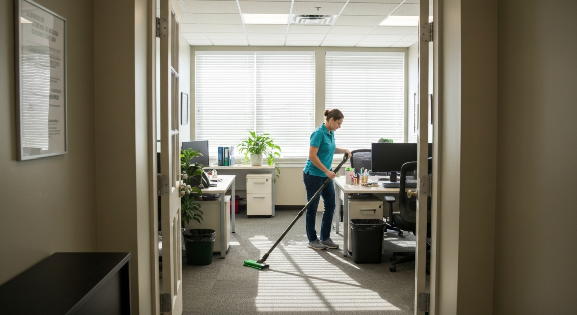 Professional cleaner vacuuming in an Orlando office, showing effectiveness of same-day services.