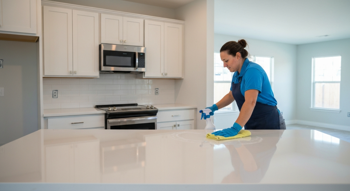 Professional cleaner wiping surfaces in a renovated Orlando kitchen, illustrating post-renovation deep cleaning.