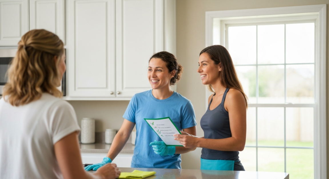 Professional cleaner discussing a checklist with a homeowner in an Orlando kitchen, illustrating the relationship and trust between them.