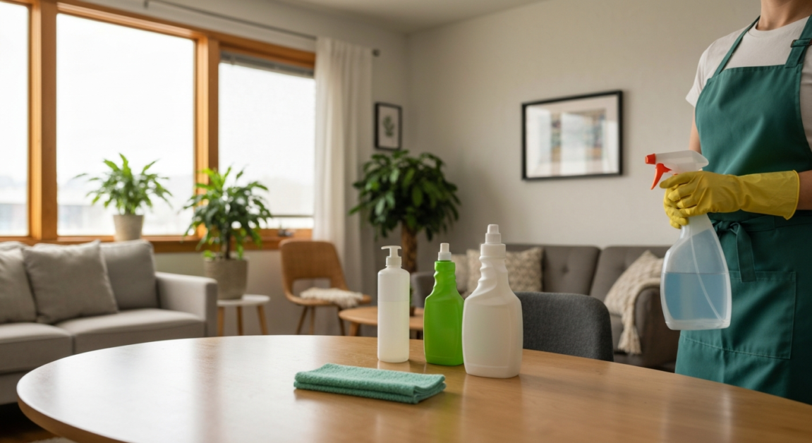 Eco-friendly cleaning products on a table in an Orlando living room, highlighting sustainable choices in professional cleaning services.