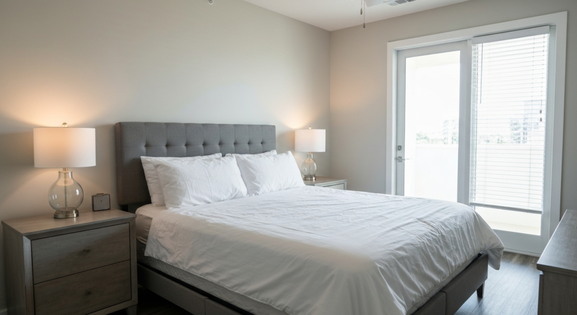 An Orlando bedroom showing inspection-ready cleanliness with a neatly made bed and spotless surfaces.