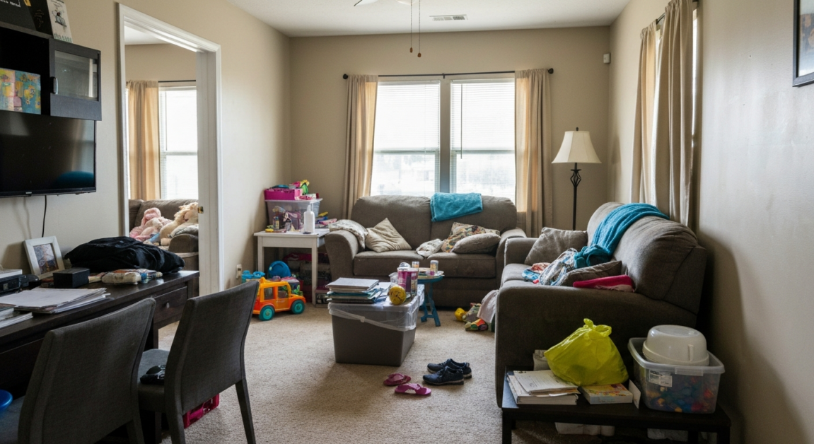 Cluttered living room in Orlando home being prepped for decluttering and deep cleaning.