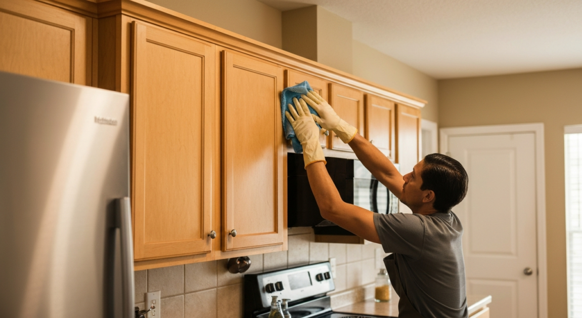 Professional cleaner in Orlando kitchen focusing on hard-to-reach spots with a microfiber cloth.