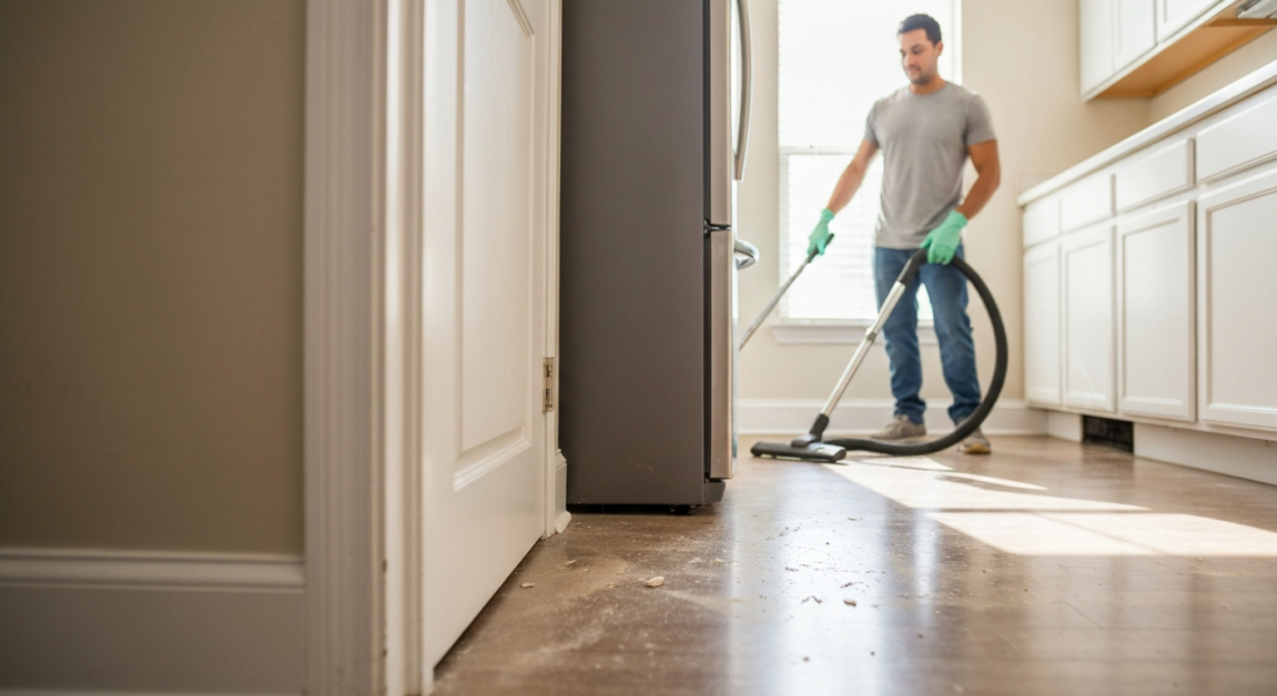 Professional cleaner vacuuming dust and debris behind a fridge in an Orlando rental kitchen