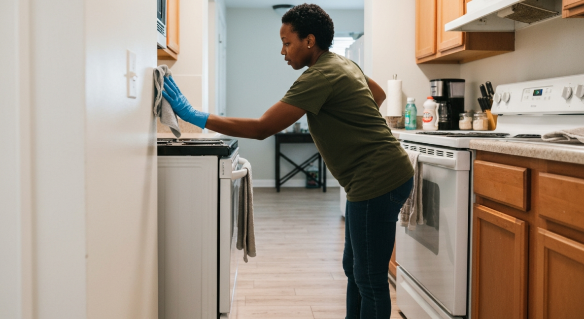 Cleaner using a microfiber cloth behind a semi-moved stove in an Orlando apartment kitchen