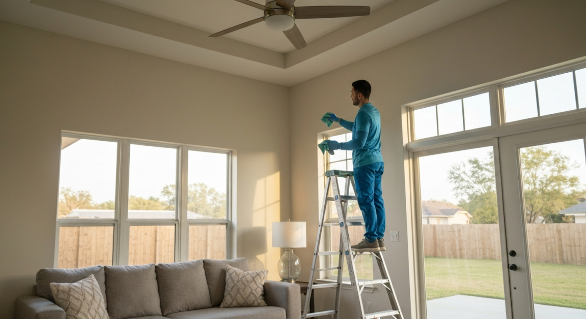 Cleaner wiping a home ventilation vent in an Orlando home living room
