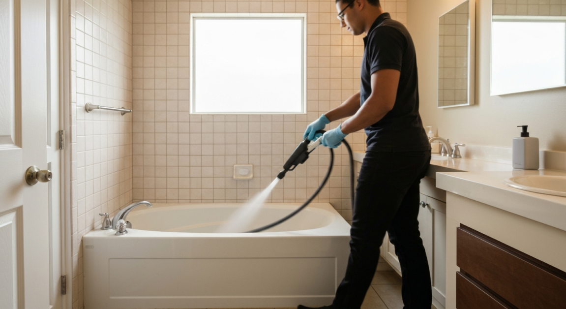 Professional cleaner using equipment for deep-cleaning an Orlando home bathroom