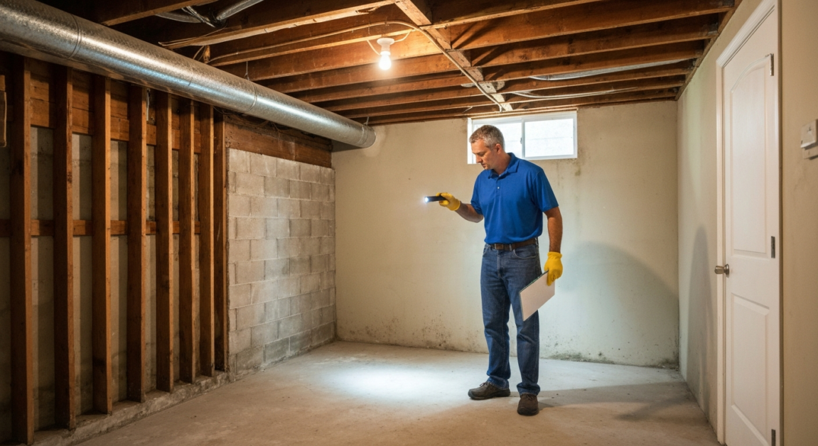 Professional cleaner checking an Orlando home basement for mold issues