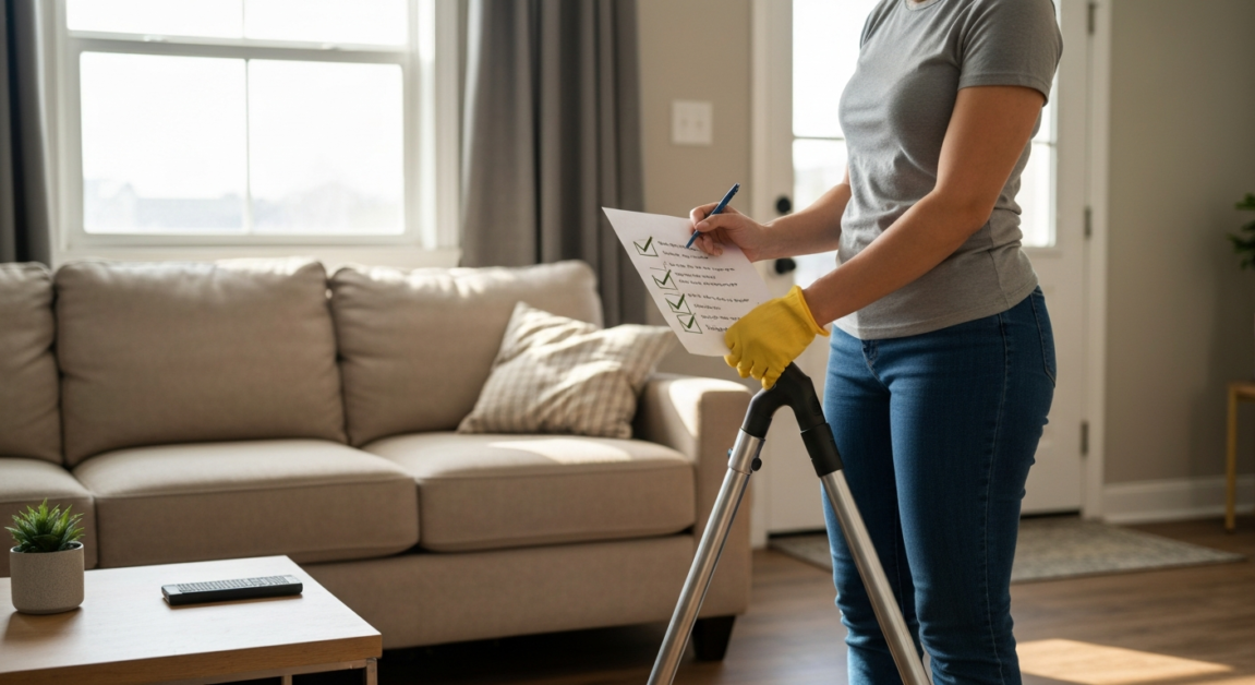 Professional cleaner using a checklist during an Orlando home cleaning service