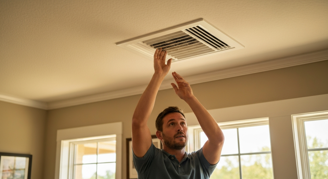 Homeowner inspecting a dusty ceiling vent in an Orlando house for cleaning needs.