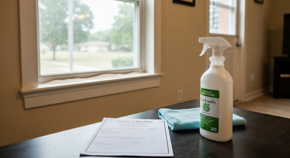 Orlando rental property living room highlighting local dust on windowsill and a cleaning checklist