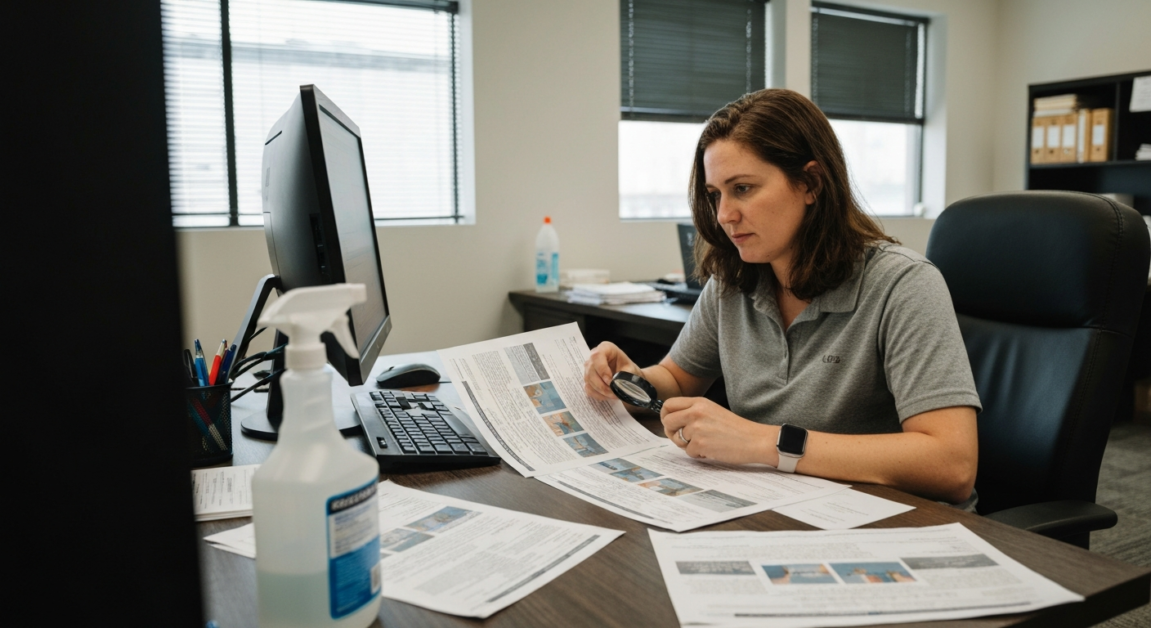 Desk in Orlando office with duplicated printed reviews under magnifying glass for scrutiny