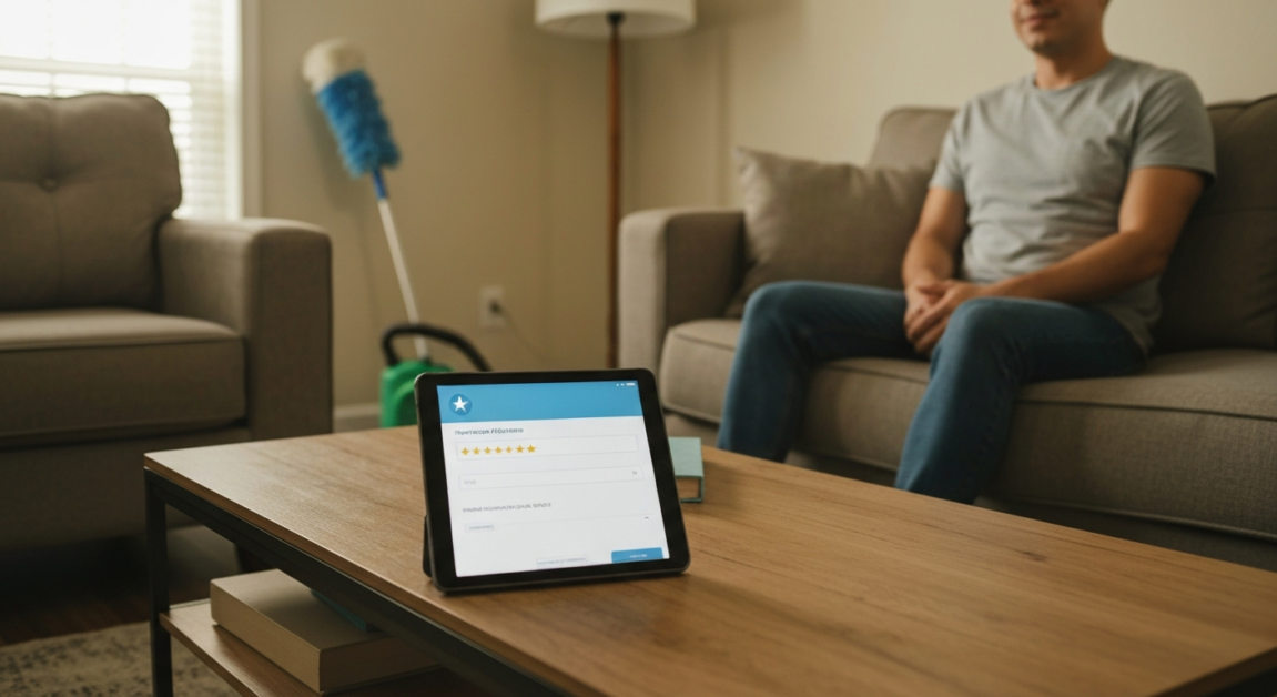 Satisfied customer in Orlando apartment reflecting positive cleaning experience on a tablet