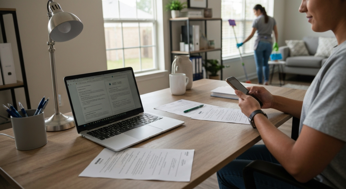 Work-from-home professional in Orlando coordinating cleaning schedule with cleaning in progress