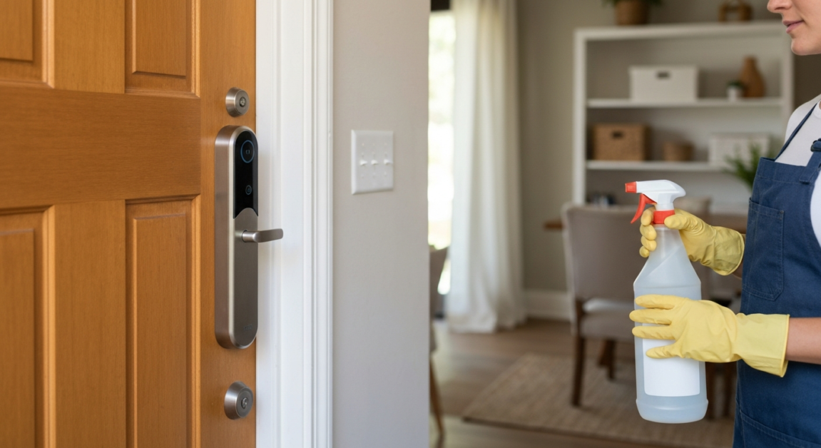 Digital lock on Orlando home door signifies secure access for cleaners