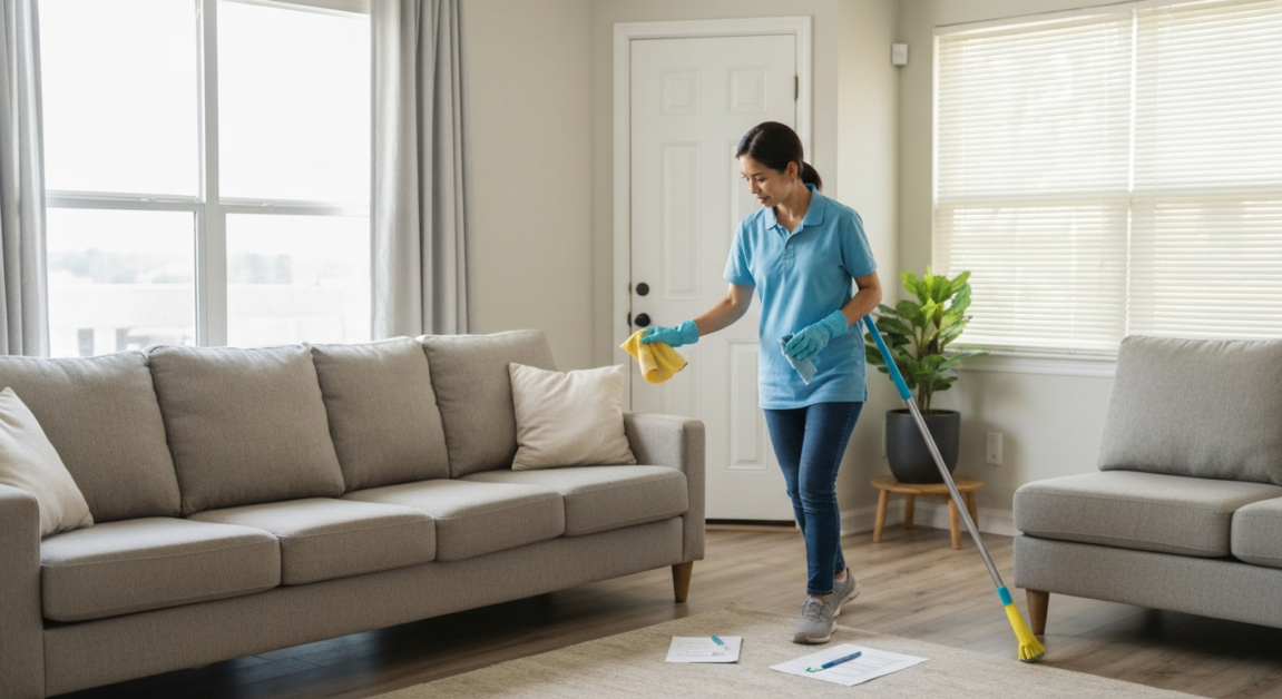 Cleaner performing final walkthrough in an Orlando living room to ensure spotless results