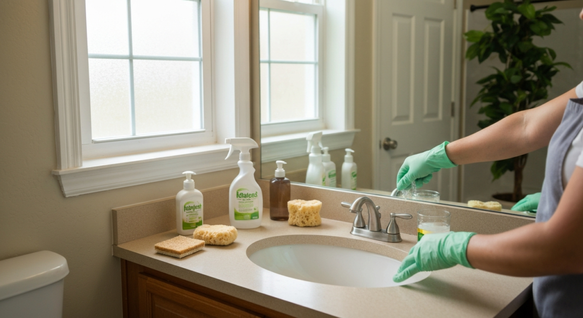 Eco-friendly bathroom cleaning in Orlando using natural products like vinegar and baking soda on bathroom surfaces.