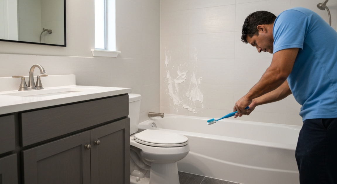 Cleaner using a toothbrush to scrub bathroom grout with baking soda paste.