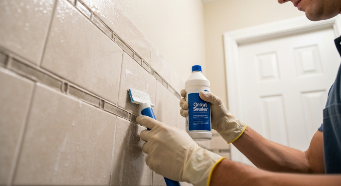 Hands cleaning bathroom grout in Orlando with grime removal tools and sealing products.