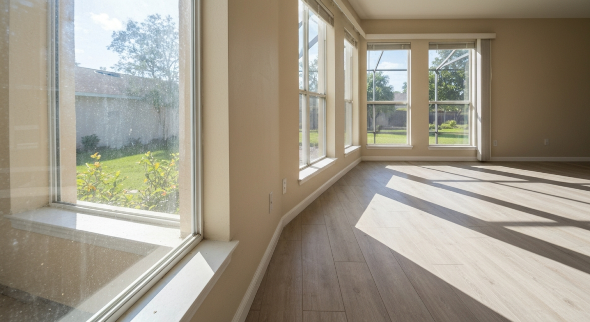 Showing differences between standard and deep cleaning in an Orlando living room setting.
