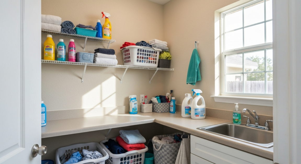 Organized laundry room in Orlando home, showing tidiness before professional cleaning.