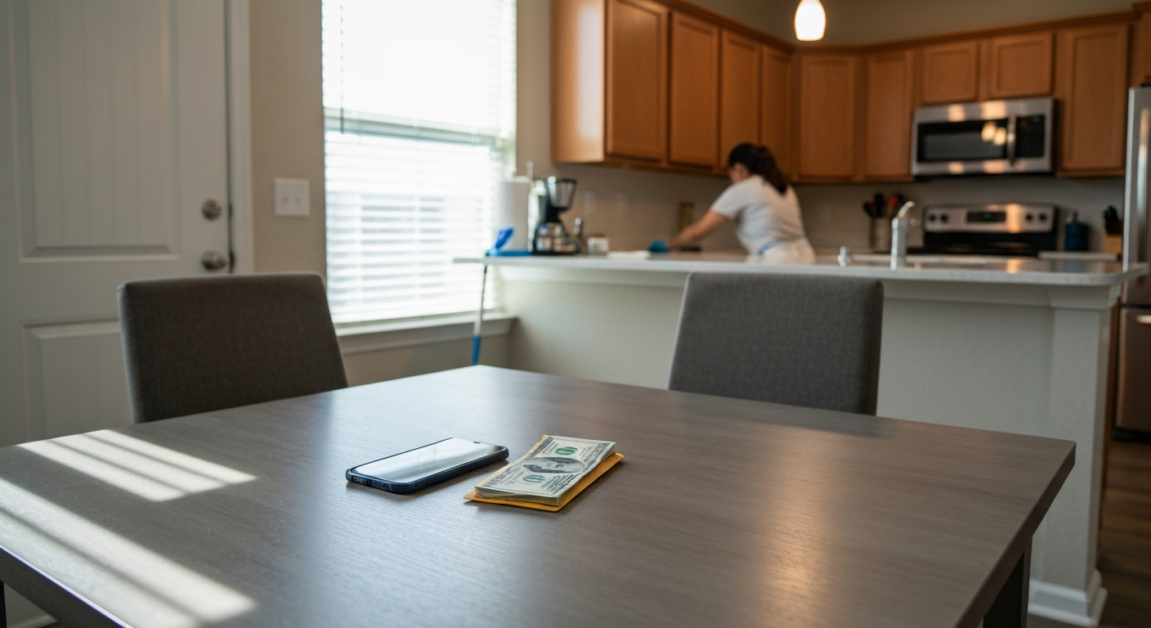 Digital tipping setup with a smartphone and cash envelope in an Orlando apartment