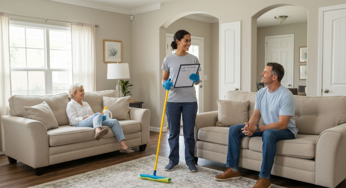 Homeowner giving feedback to a cleaner in an Orlando living room