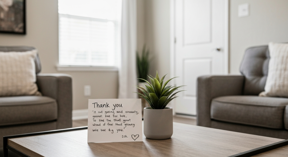 Thank you note and small plant in an Orlando living room as a gesture of appreciation