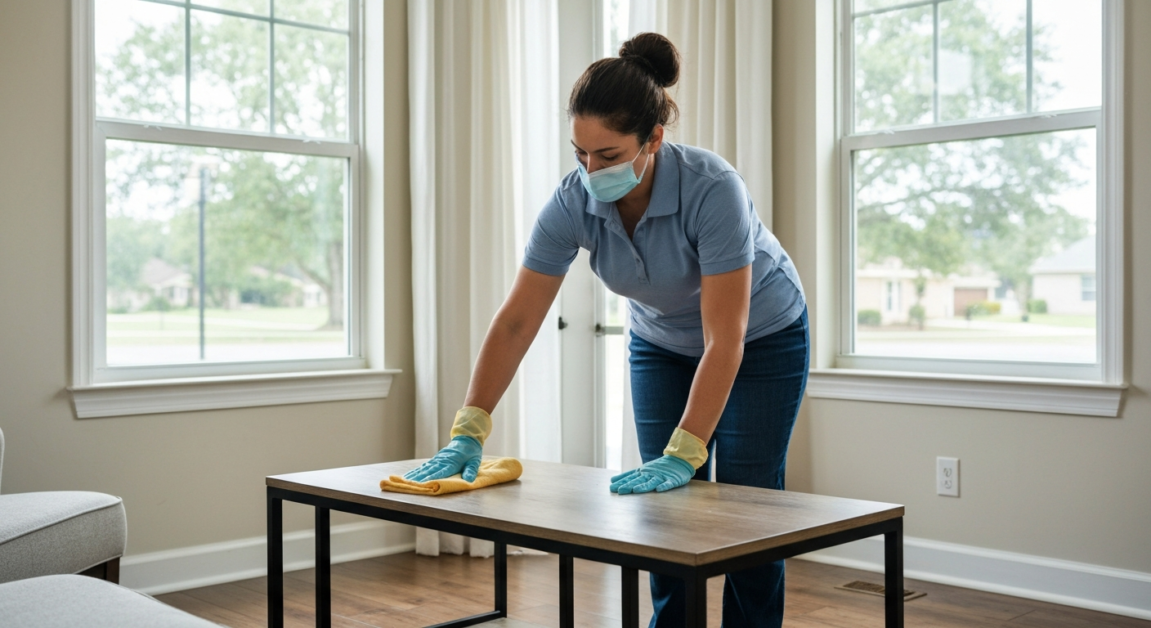 Professional cleaner in Orlando home preparing high-touch areas for summer guests