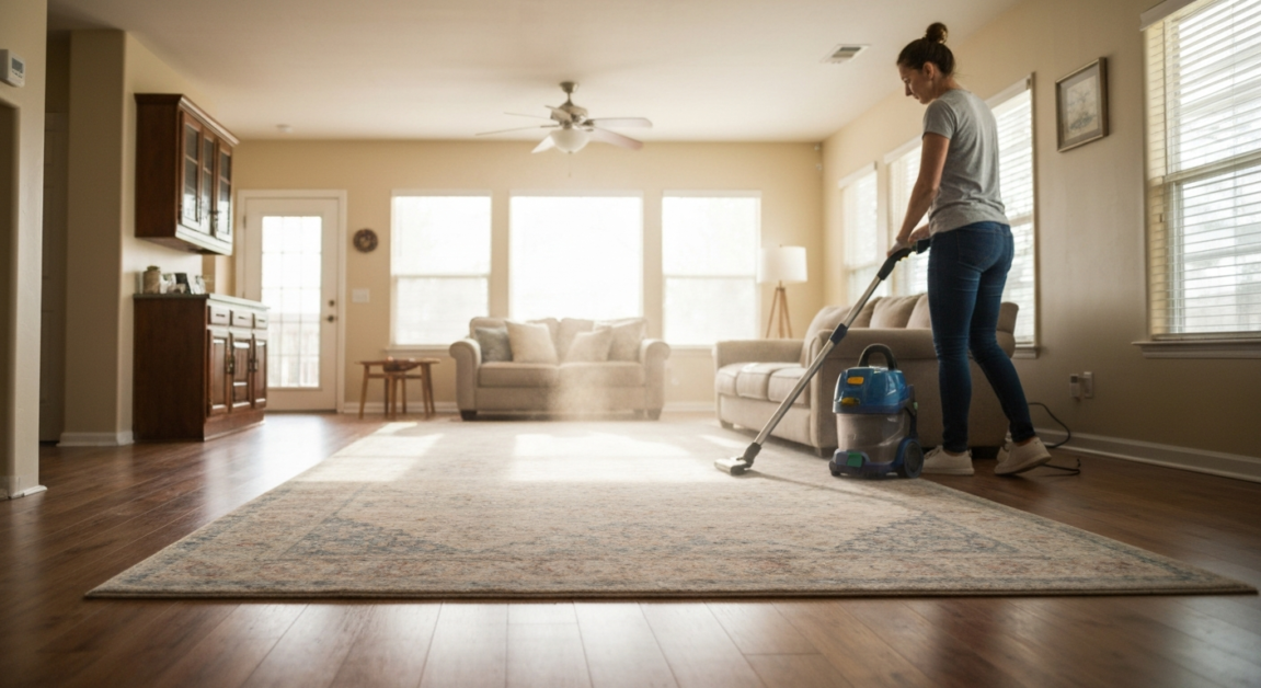 Cleaner vacuuming a large area rug in a bright living room, highlighting focus on high-traffic zones in Orlando home.