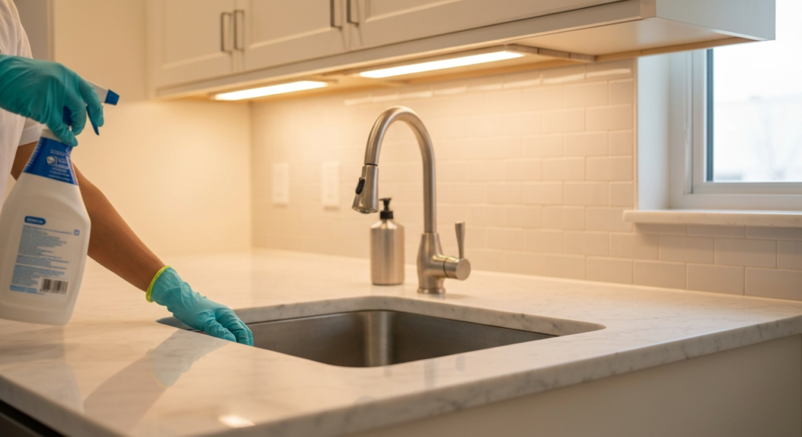 Cleaner using safe, eco-friendly products on a marble countertop, ensuring protection of delicate surfaces in an Orlando kitchen.