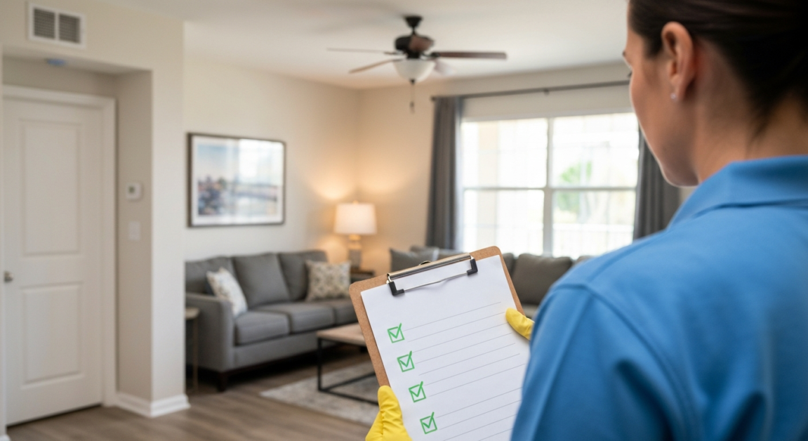 Professional cleaner reviewing a checklist in a freshly cleaned living room, ensuring all tasks are completed in an Orlando condo.