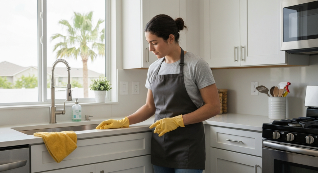A professional cleaner finishing a spotless kitchen cleaning with a focus on special surface care in Orlando by All Great Cleaner – Professional Cleaning Services.