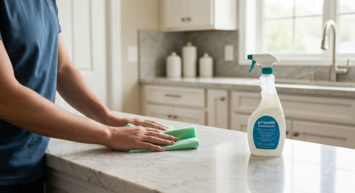 Professional cleaner wiping marble countertop in Orlando home with soft cloth and pH-neutral cleaner.
