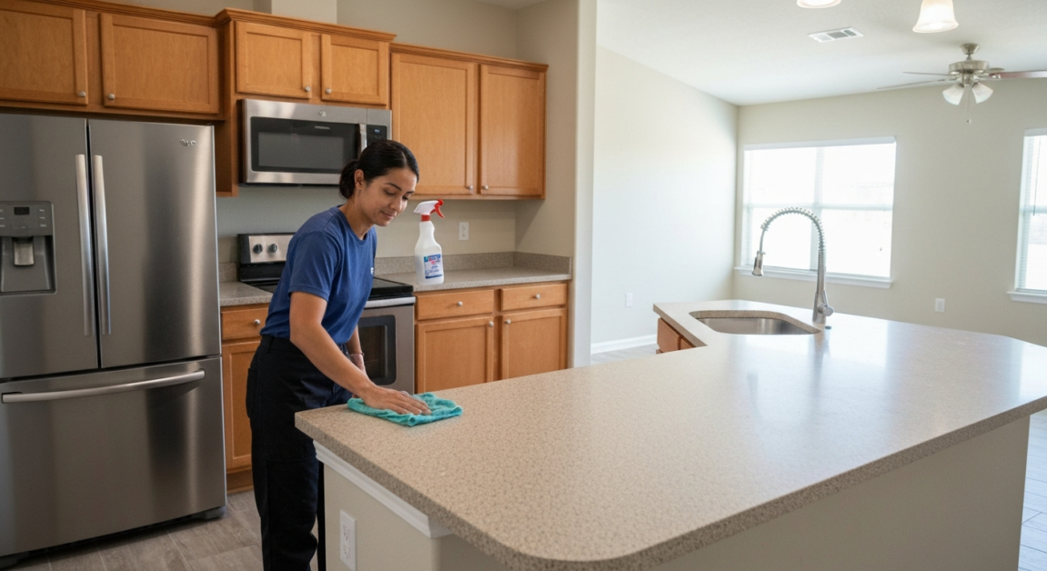 Clean Orlando kitchen after post-construction cleaning, with spotless surfaces and no debris.
