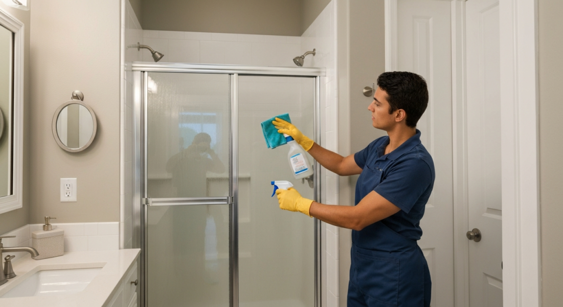 Professional cleaner using safe cleaning products on glass shower door in Orlando apartment.