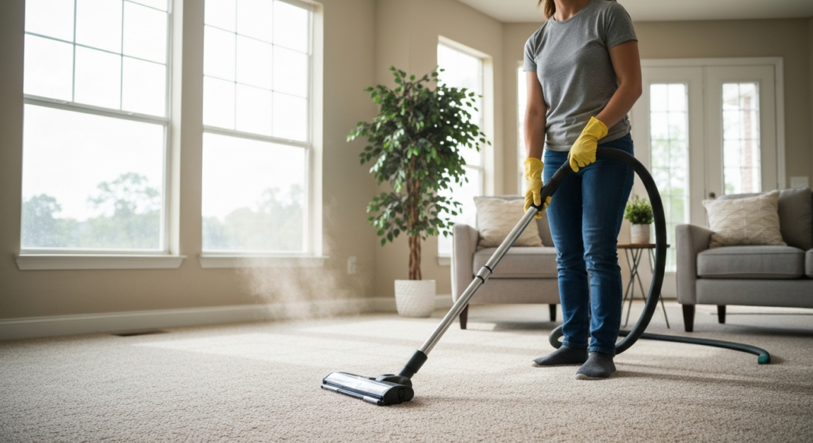 Professional cleaner vacuuming carpet with HEPA filter in Orlando home