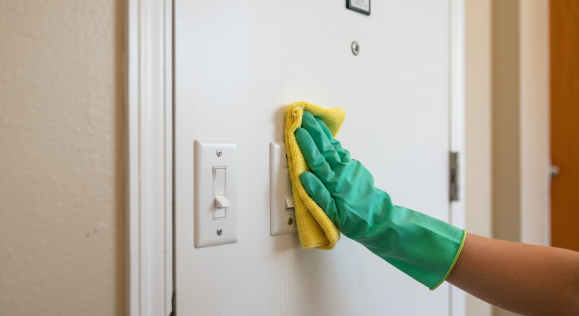 Cleaner disinfecting doorknob and light switch in Orlando apartment