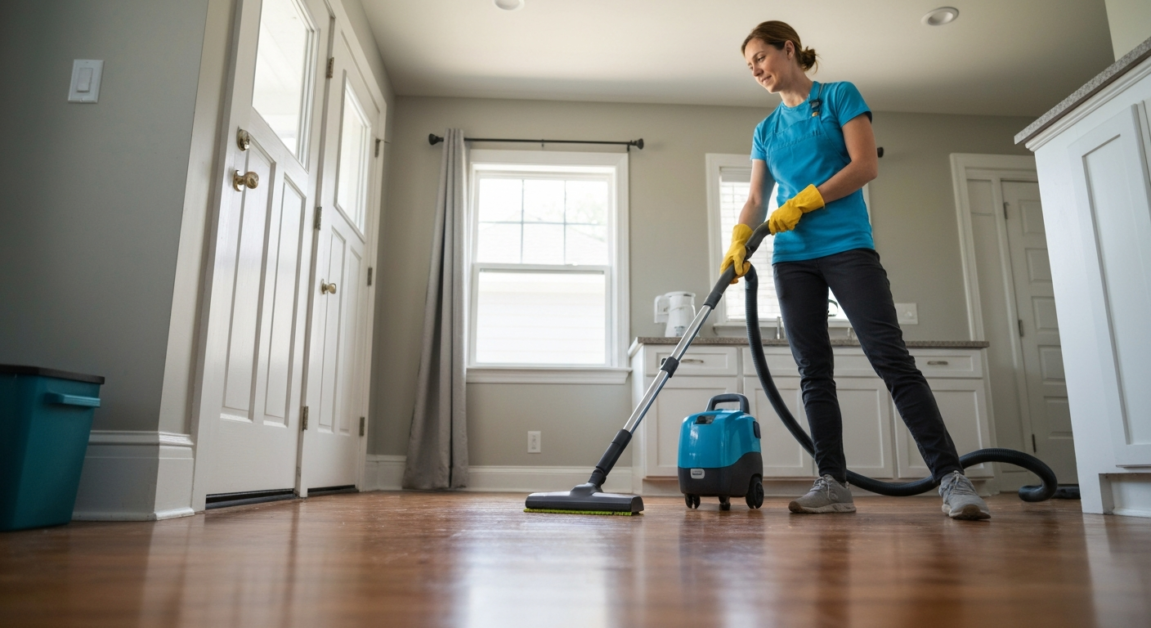 Comprehensive cleaning of a post-renovation living room in Orlando, emphasizing floor cleanliness.