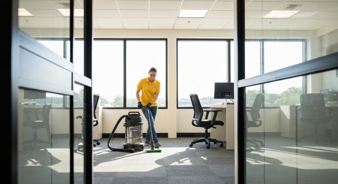Professional cleaner using industrial vacuum cleaner in an Orlando office for a thorough clean environment